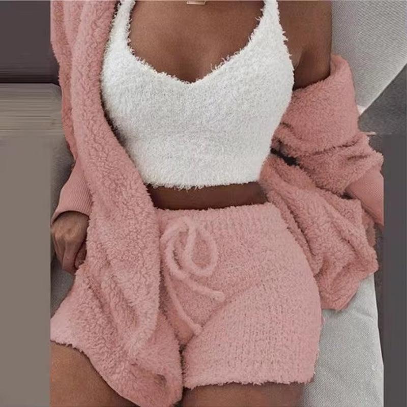 Women's Fluffy Pajama Set – Cozy 3-Piece Sleepwear with Tank Top, Shorts & Hoodie for Winter Leisure