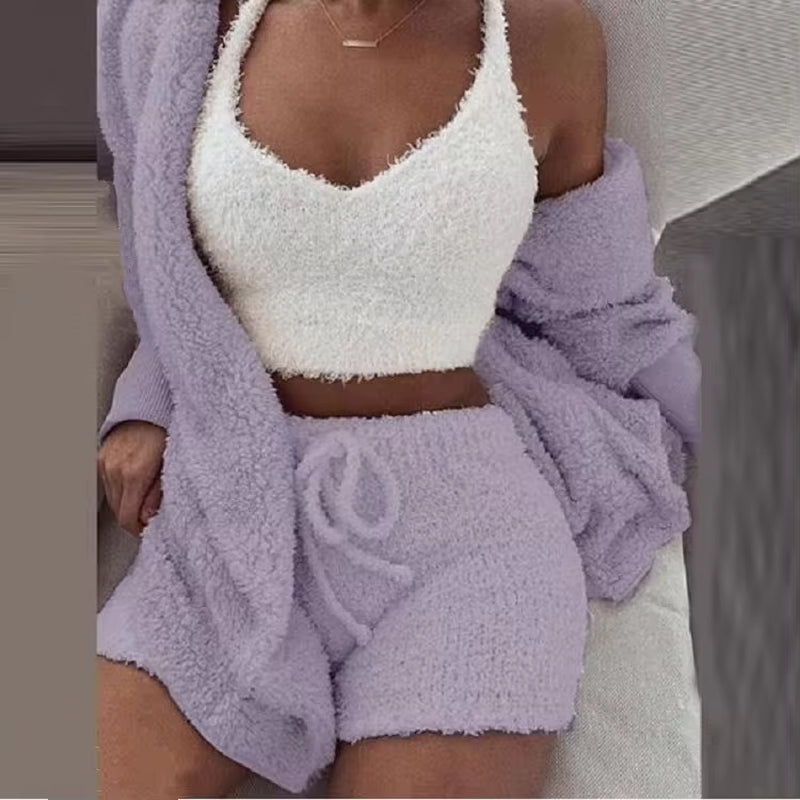 Women's Fluffy Pajama Set – Cozy 3-Piece Sleepwear with Tank Top, Shorts & Hoodie for Winter Leisure