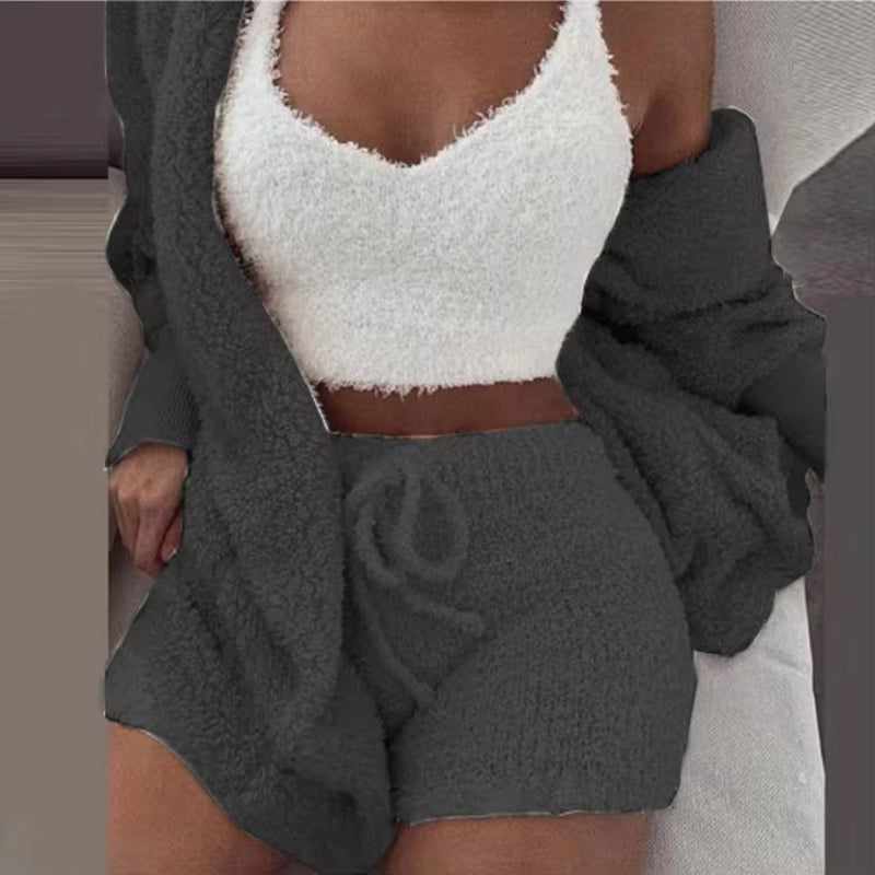 Women's Fluffy Pajama Set – Cozy 3-Piece Sleepwear with Tank Top, Shorts & Hoodie for Winter Leisure
