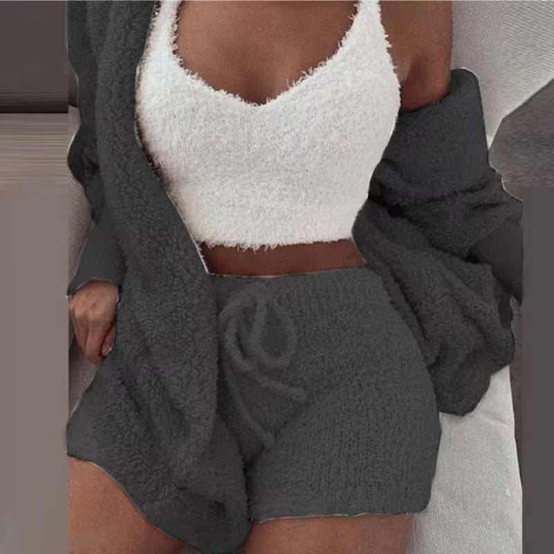 Women's Fluffy Pajama Set – Cozy 3-Piece Sleepwear with Tank Top, Shorts & Hoodie for Winter Leisure