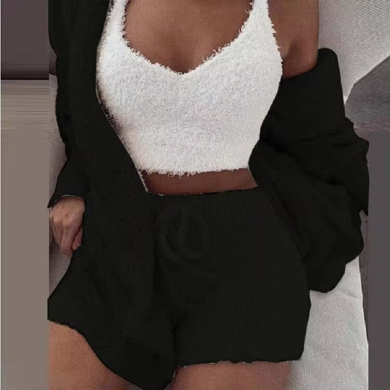 Women's Fluffy Pajama Set – Cozy 3-Piece Sleepwear with Tank Top, Shorts & Hoodie for Winter Leisure