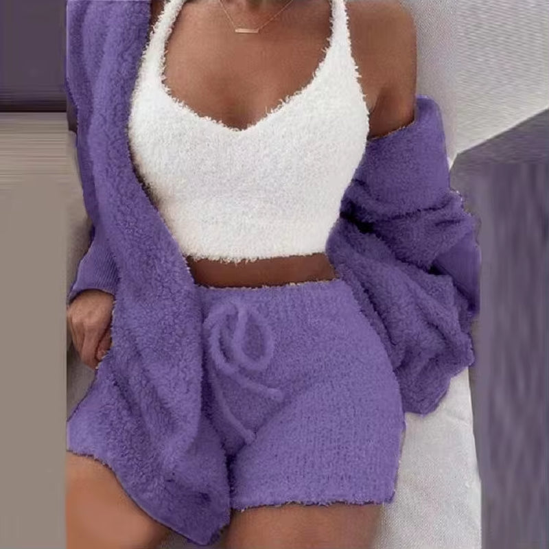 Women's Fluffy Pajama Set – Cozy 3-Piece Sleepwear with Tank Top, Shorts & Hoodie for Winter Leisure
