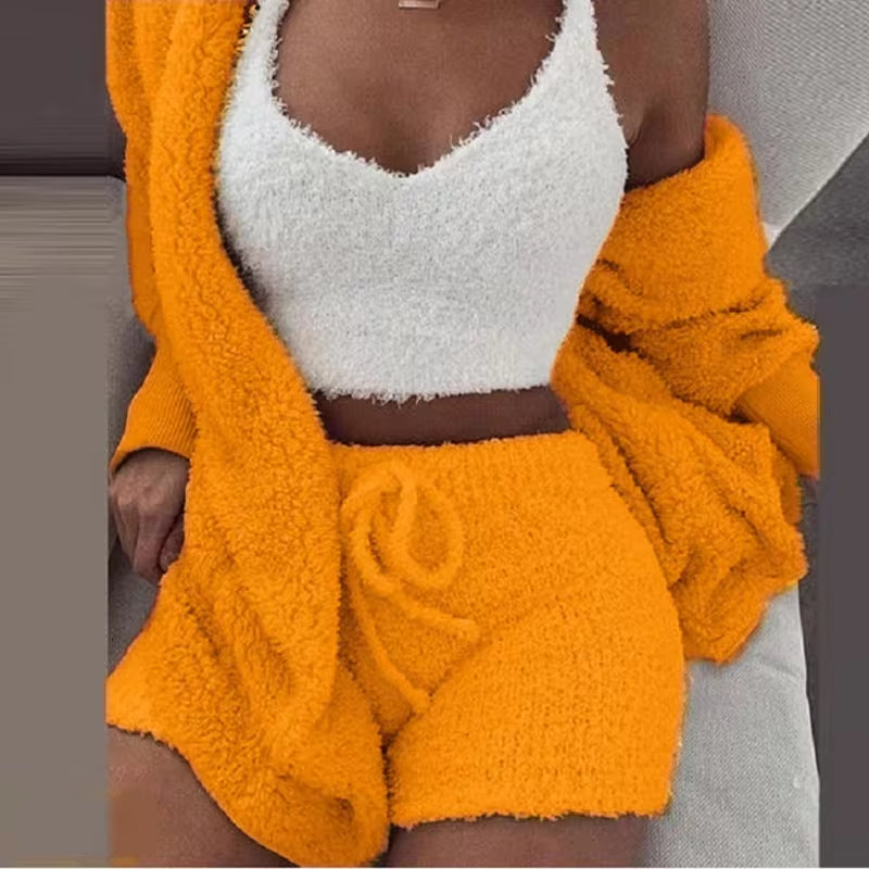 Women's Fluffy Pajama Set – Cozy 3-Piece Sleepwear with Tank Top, Shorts & Hoodie for Winter Leisure