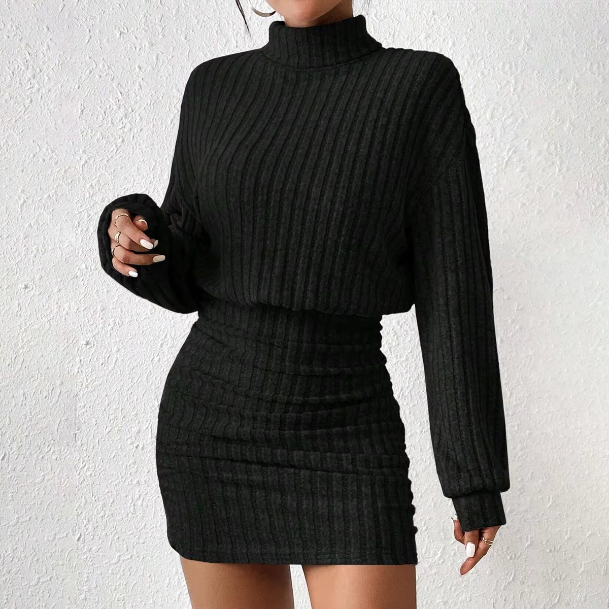 Women's Knitted Lantern Sleeve High Neck A-Line Mini Dress Women's Knitted Lantern Sleeve High Neck A-Line Mini Dress