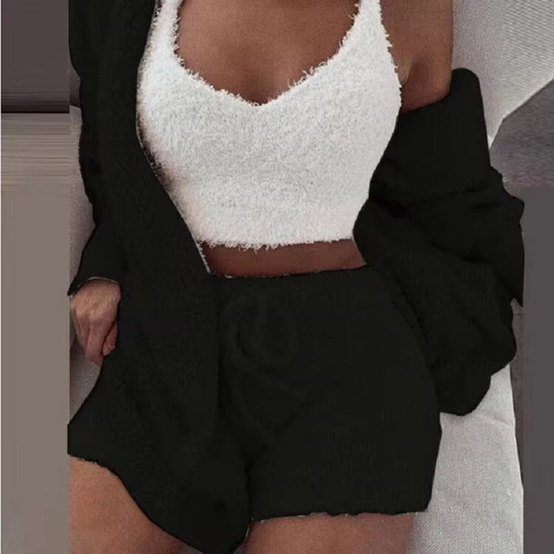 Women's Fluffy Pajama Set – Cozy 3-Piece Sleepwear with Tank Top, Shorts & Hoodie for Winter Leisure