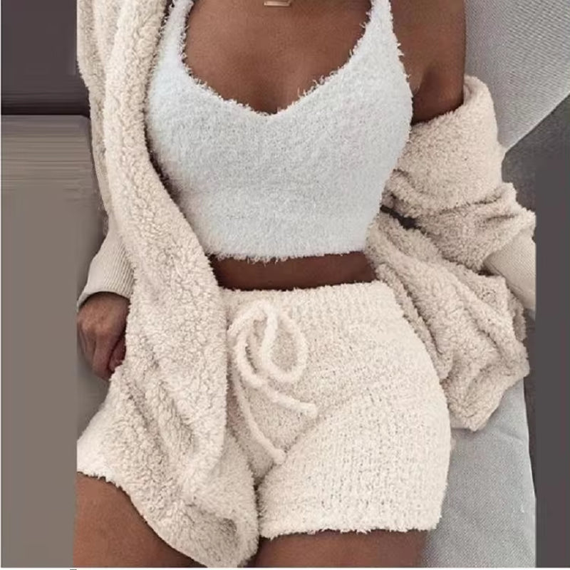 Women's Fluffy Pajama Set – Cozy 3-Piece Sleepwear with Tank Top, Shorts & Hoodie for Winter Leisure