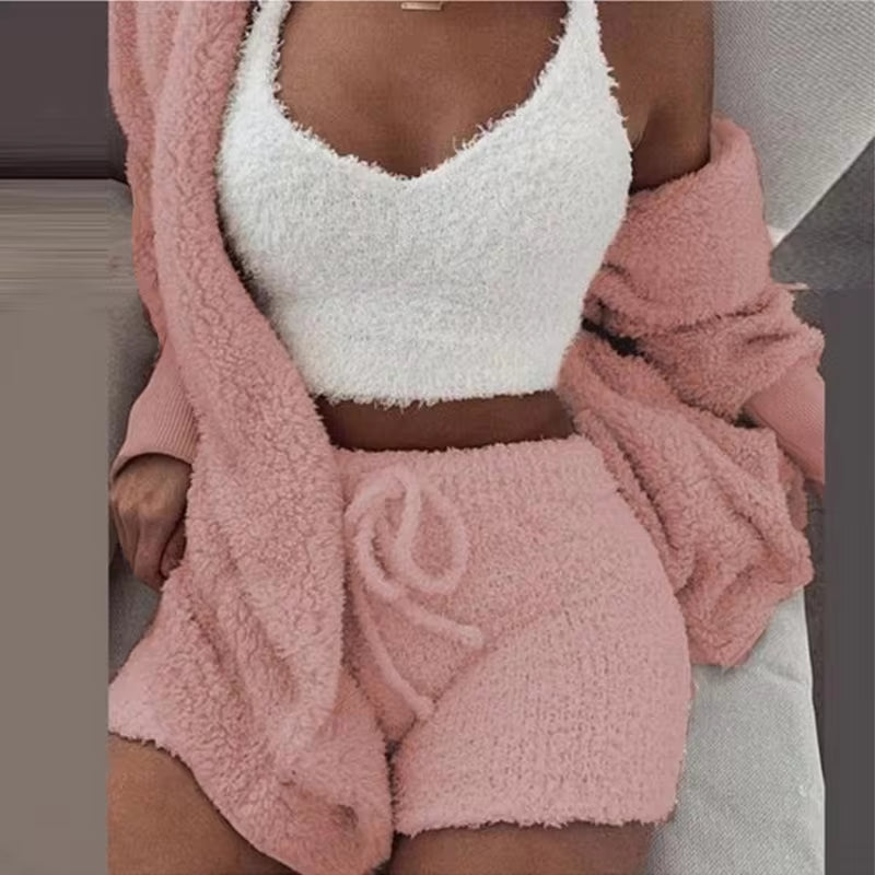 Women's Fluffy Pajama Set – Cozy 3-Piece Sleepwear with Tank Top, Shorts & Hoodie for Winter Leisure