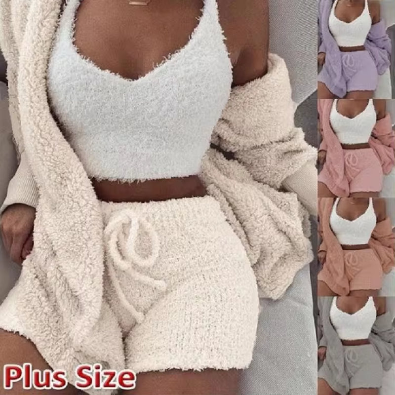 Women's Fluffy Pajama Set – Cozy 3-Piece Sleepwear with Tank Top, Shorts & Hoodie for Winter Leisure