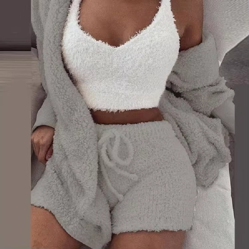 Women's Fluffy Pajama Set – Cozy 3-Piece Sleepwear with Tank Top, Shorts & Hoodie for Winter Leisure