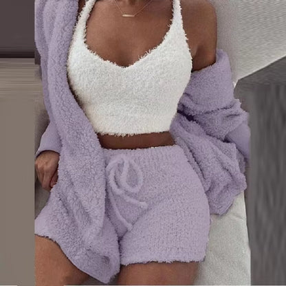 Women's Fluffy Pajama Set – Cozy 3-Piece Sleepwear with Tank Top, Shorts & Hoodie for Winter Leisure