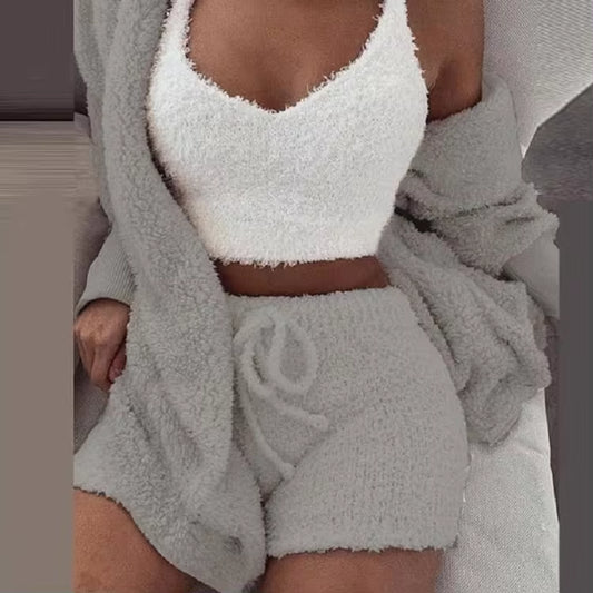 Women's Fluffy Pajama Set – Cozy 3-Piece Sleepwear with Tank Top, Shorts & Hoodie for Winter Leisure